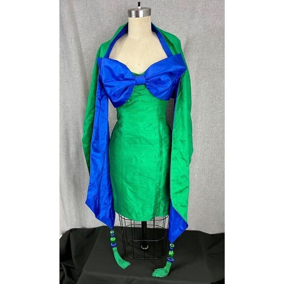Vtg 1980s Kelly Green Raw Silk Mini Dress 3 Piece Outfit Sz XS Kitschy Unique - Picture 1 of 12